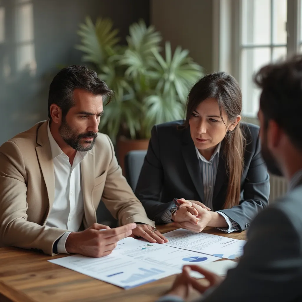 Asesor financiero discutiendo un plan con un cliente.