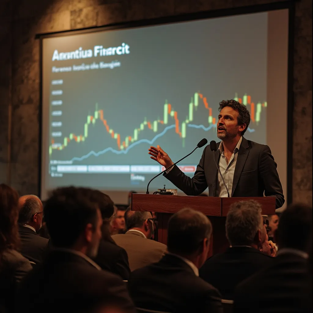 Orador experto presentando en un seminario financiero.