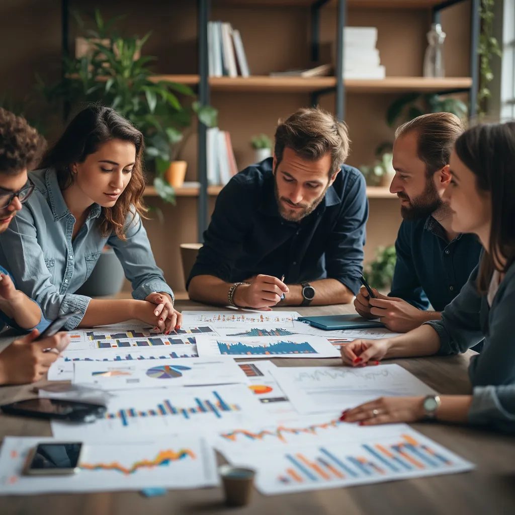 Equipo discutiendo estrategias financieras en una oficina moderna en Argentina.